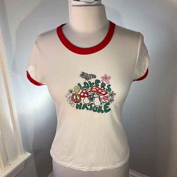 Vintage “Lovers of Nature” Baby Tee, M. Embroidered flowers, smiley faces and mu - Picture 3 of 6